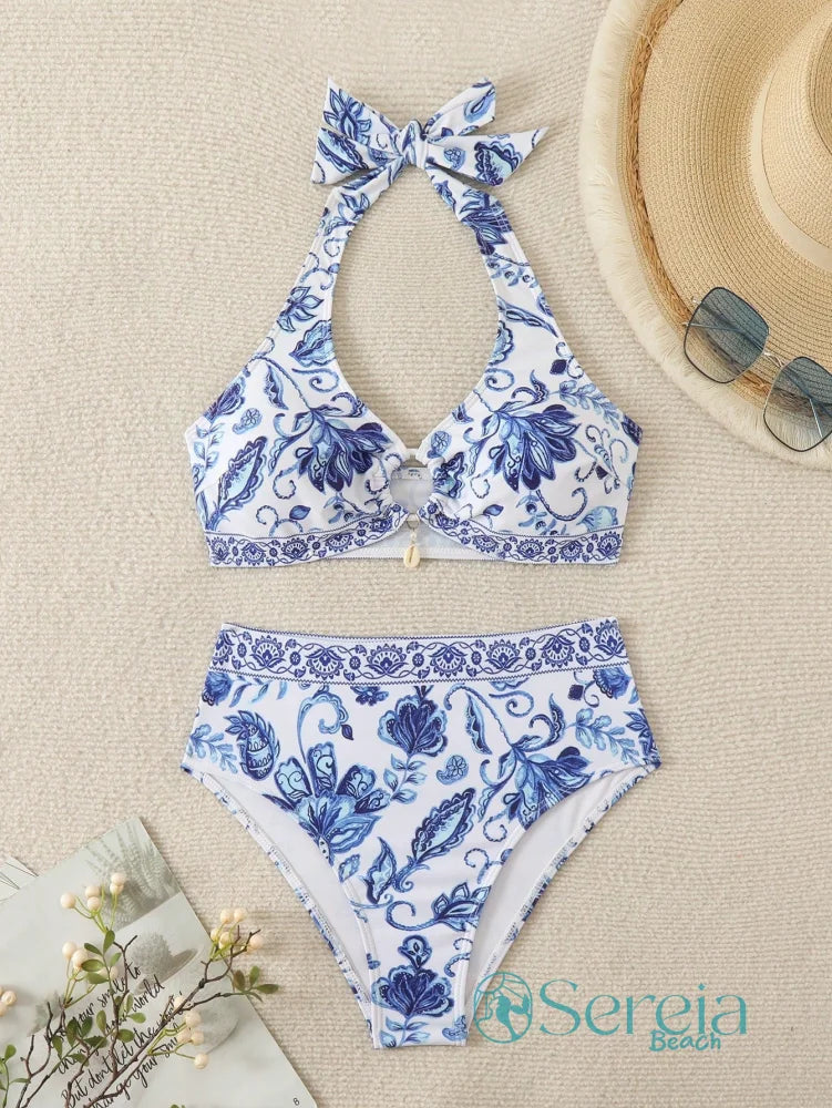 Biquíni com Estampa Azul e Top com Argola Frontal Biquíni com Estampa Azul e Top com Argola Frontal