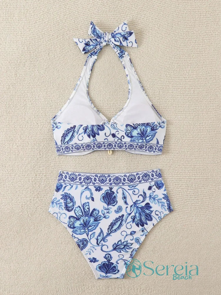 Biquíni com Estampa Azul e Top com Argola Frontal Biquíni com Estampa Azul e Top com Argola Frontal