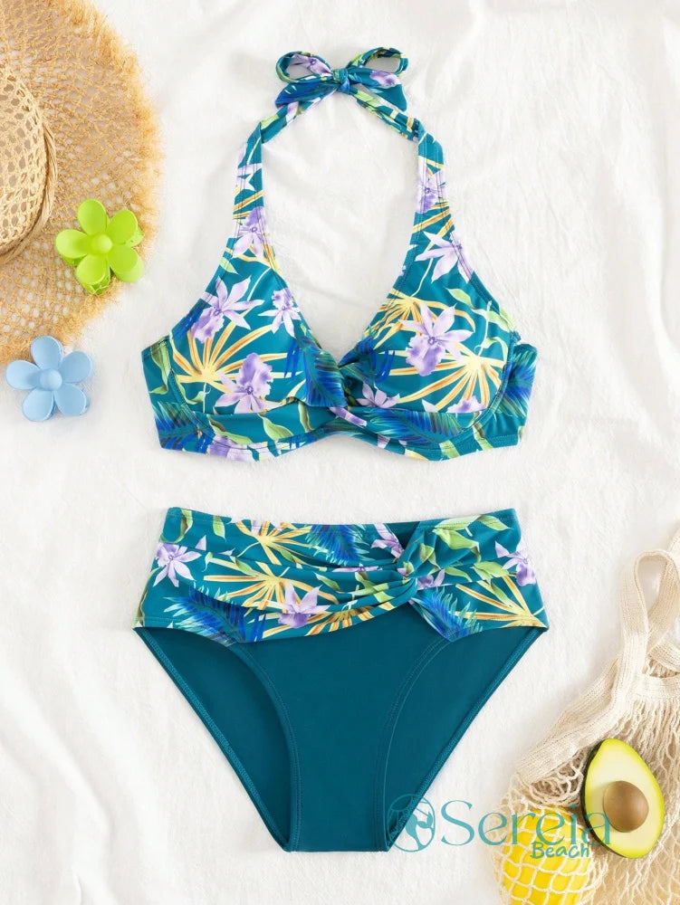 Biquíni com Estampa Tropical e Cintura Alta Drapejada Biquíni com Estampa Tropical e Cintura Alta Drapejada