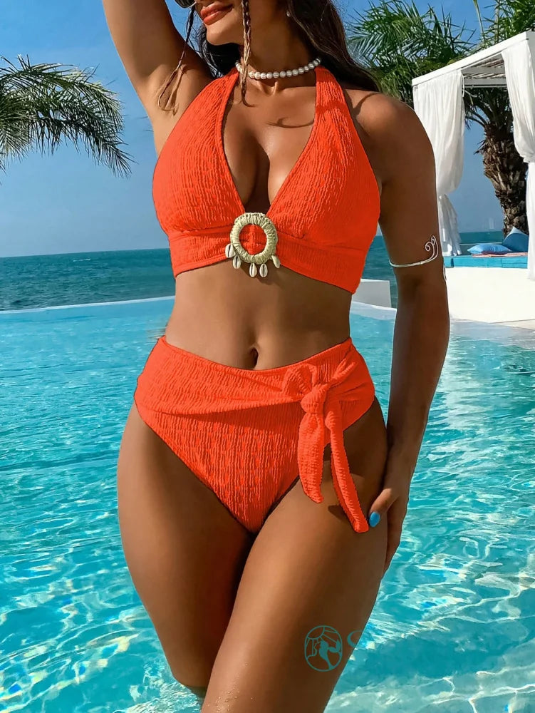 Biquini com Top Halter e Cintura Alta com Laço Lateral Laranja Queimado / P Biquini com Top Halter e Cintura Alta com