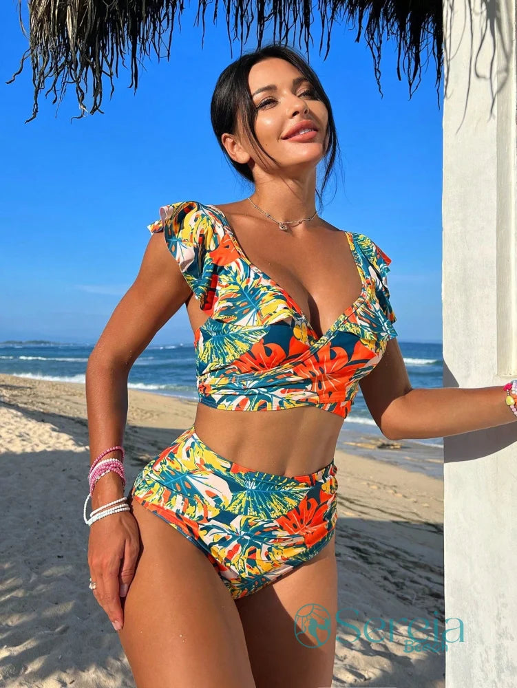 Biquíni Estampado com Babado e Cintura Alta Biquíni Estampado com Babado e Cintura Alta