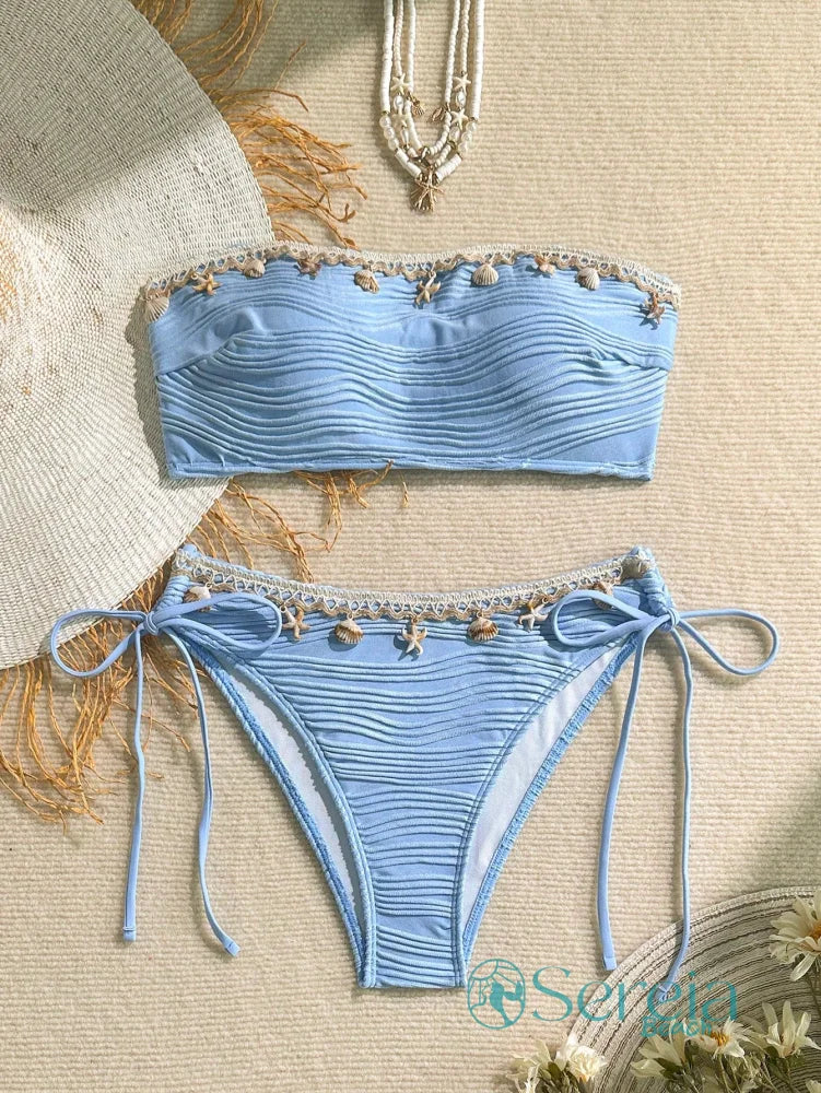 Biquini Tomara que Caia com Detalhes de Conchas e Búzios Azul / P Biquini Tomara que Caia com Detalhes de Conchas e