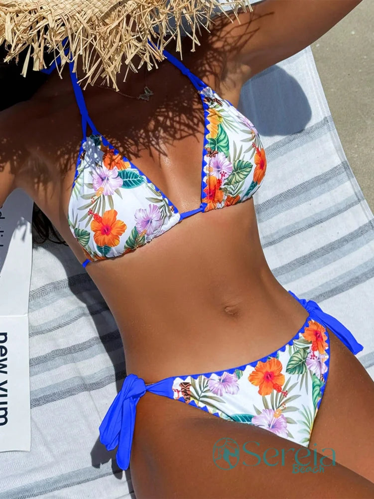 Biquini Triângulo Estampado com Detalhes de Amarração Azul / P Biquini Triângulo Estampado com Detalhes de Amarração