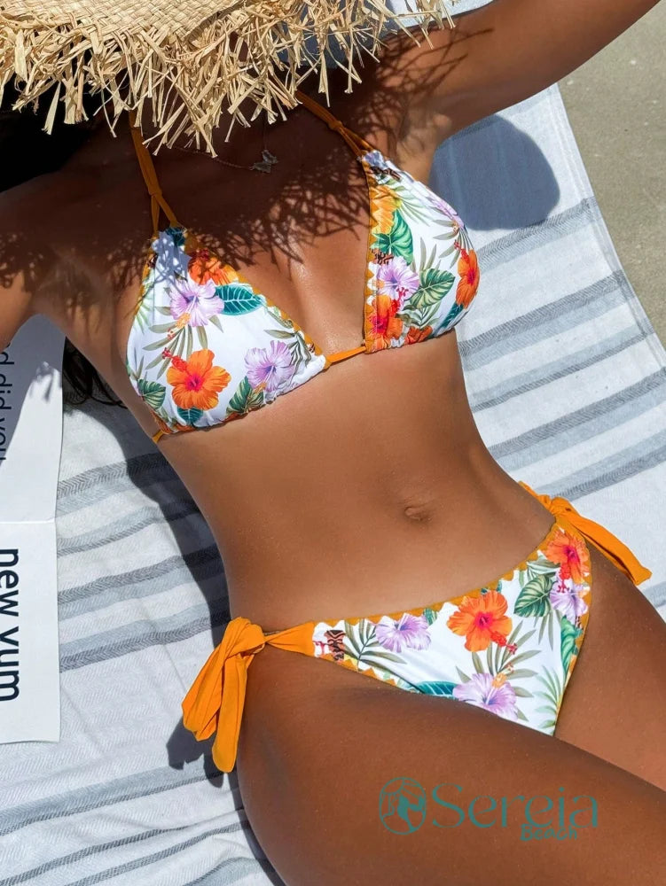 Biquini Triângulo Estampado com Detalhes de Amarração Laranja / P Biquini Triângulo Estampado com Detalhes de Amarração