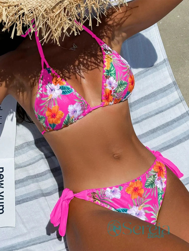 Biquini Triângulo Estampado com Detalhes de Amarração Pink / P Biquini Triângulo Estampado com Detalhes de Amarração