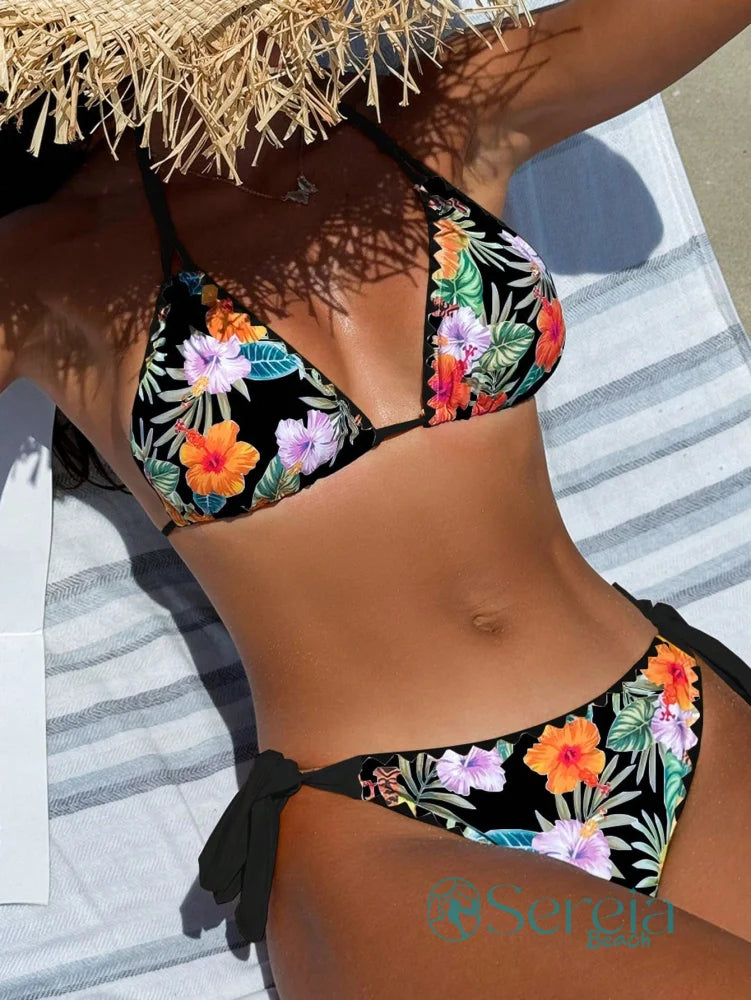 Biquini Triângulo Estampado com Detalhes de Amarração Preto / P Biquini Triângulo Estampado com Detalhes de Amarração