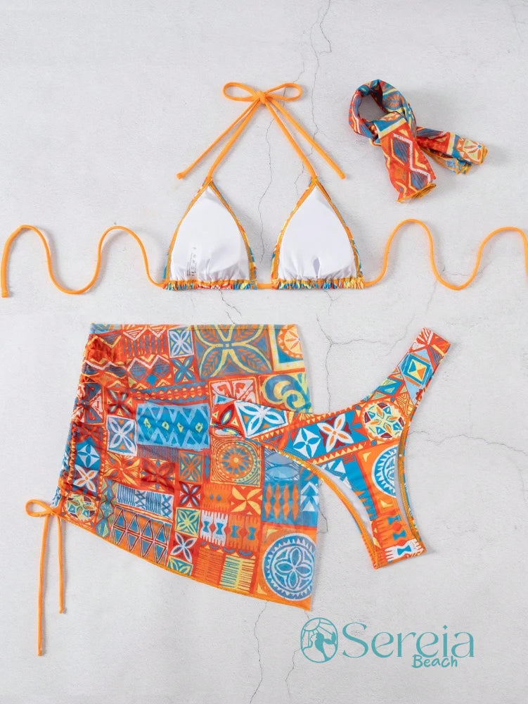 Conjunto de Biquíni Boho com Top Amarração e Pareô Colorido Conjunto de Biquíni Boho com Top Amarração e Pareô Colorido