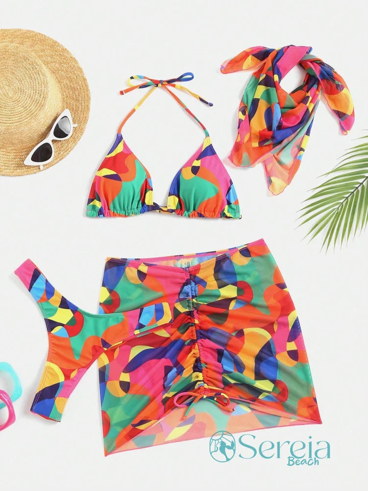 Conjunto de Biquíni Colorido com Saia Curta e Faixa Conjunto de Biquíni Colorido com Saia Curta e Faixa