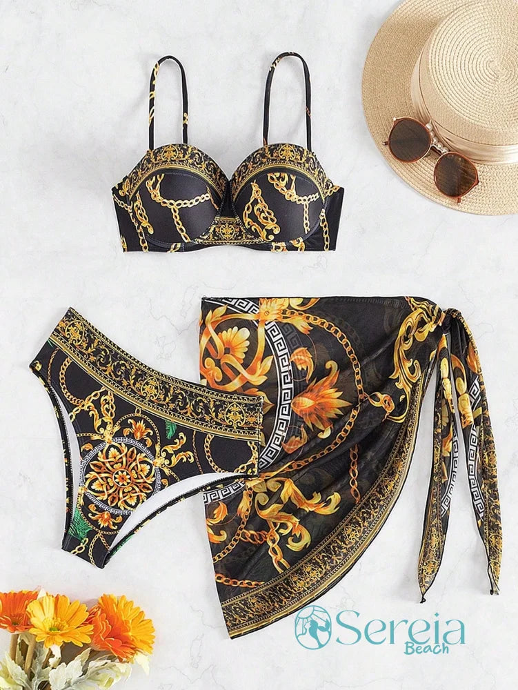 Conjunto de Biquíni com Bojo e Canga Estampada Conjunto de Biquíni com Bojo e Canga Estampada
