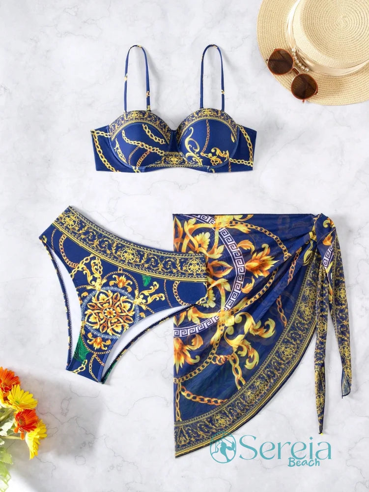 Conjunto de Biquíni com Bojo e Canga Estampada Azul Marinho / P Conjunto de Biquíni com Bojo e Canga Estampada