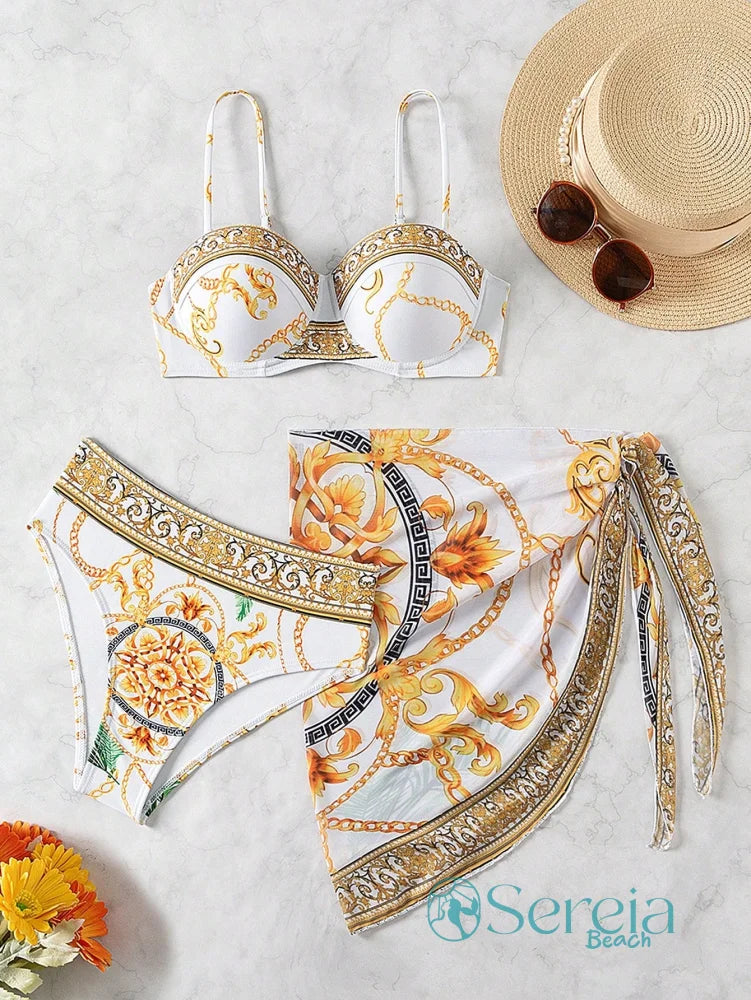 Conjunto de Biquíni com Bojo e Canga Estampada Branco / P Conjunto de Biquíni com Bojo e Canga Estampada