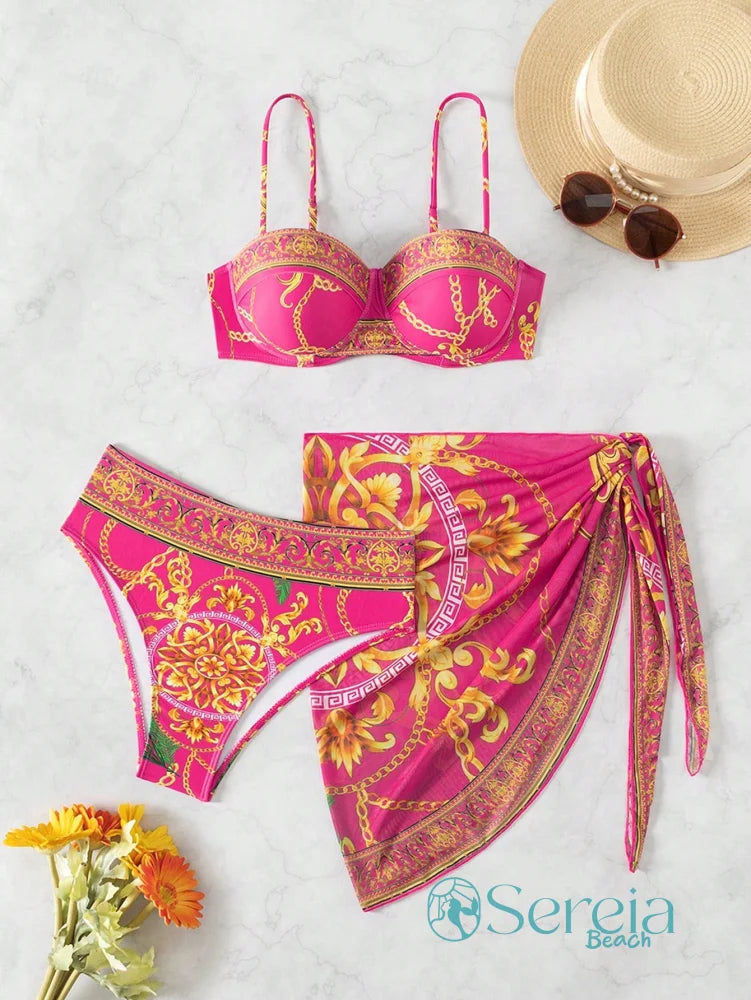 Conjunto de Biquíni com Bojo e Canga Estampada Pink / P Conjunto de Biquíni com Bojo e Canga Estampada