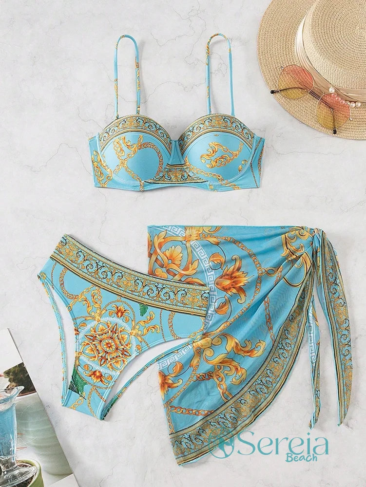 Conjunto de Biquíni com Bojo e Canga Estampada Verde Claro / P Conjunto de Biquíni com Bojo e Canga Estampada