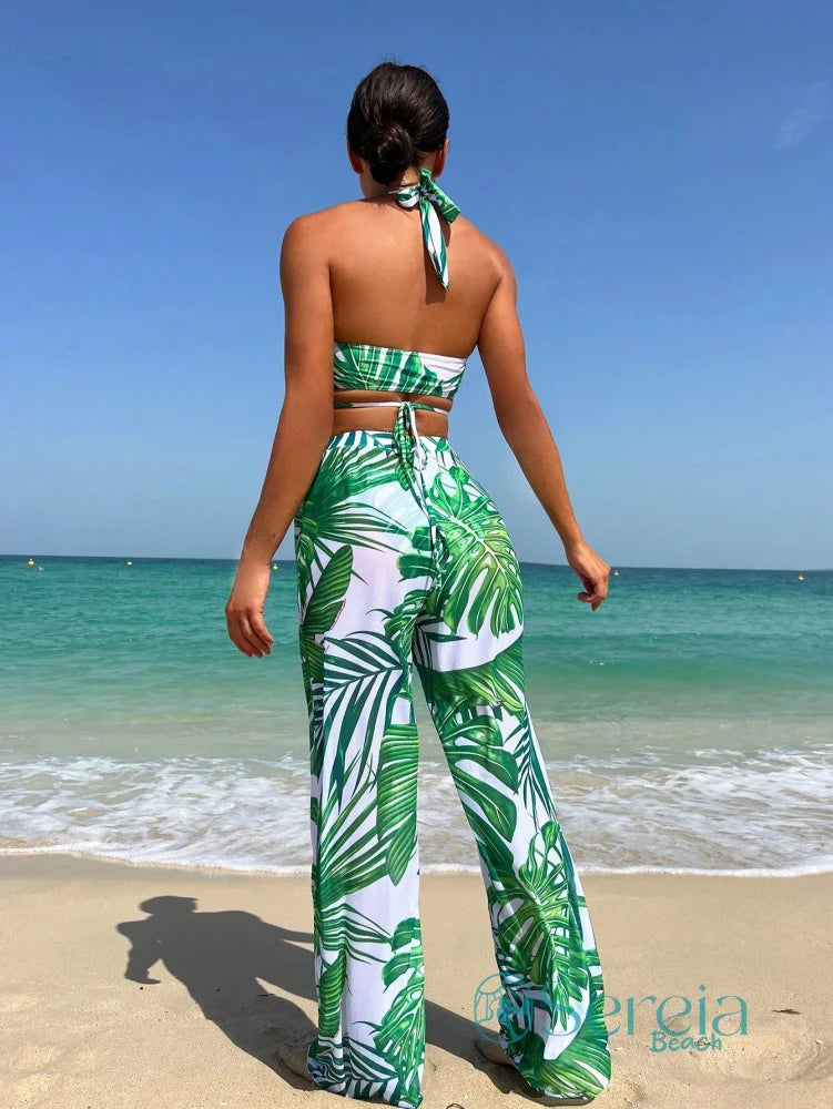 Conjunto de Biquíni com Calça e Estampa de Folhagem Conjunto de Biquíni com Calça e Estampa de Folhagem