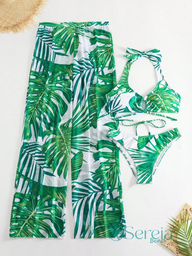 Conjunto de Biquíni com Calça e Estampa de Folhagem Conjunto de Biquíni com Calça e Estampa de Folhagem