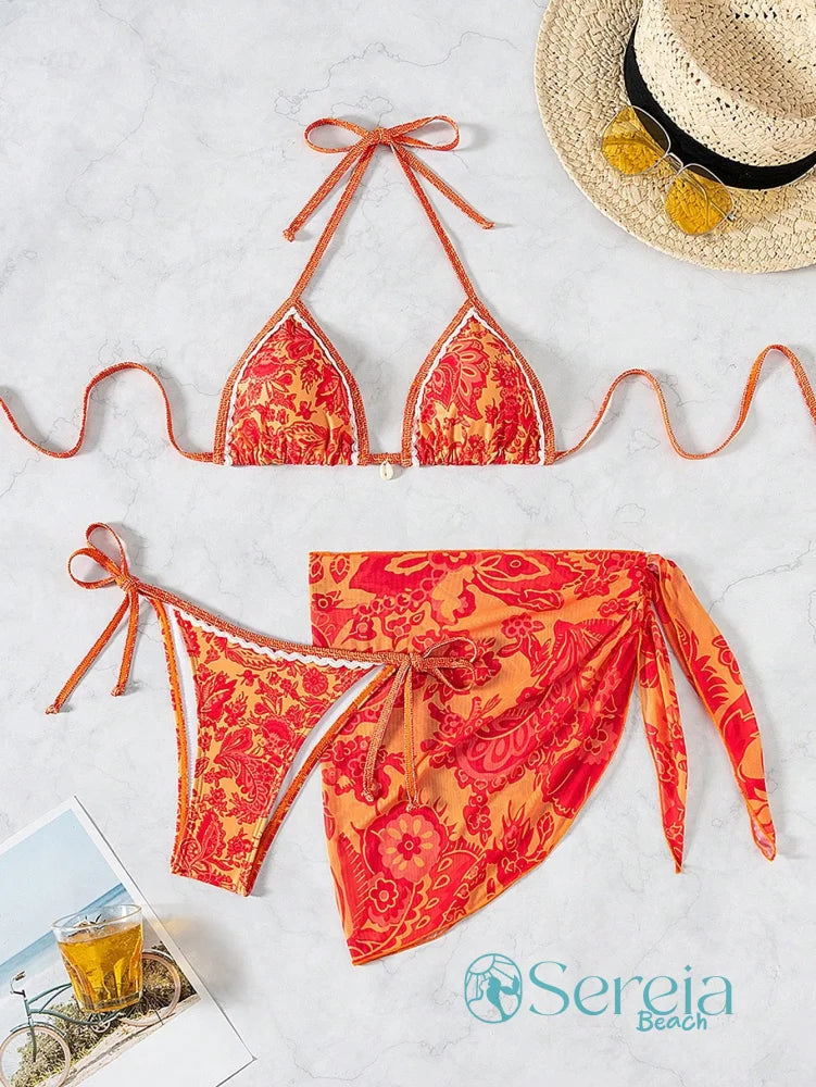 Conjunto de Biquíni com Estampa Azul e Saia Pareô Laranja / P Conjunto de Biquíni com Estampa Azul e Saia Pareô
