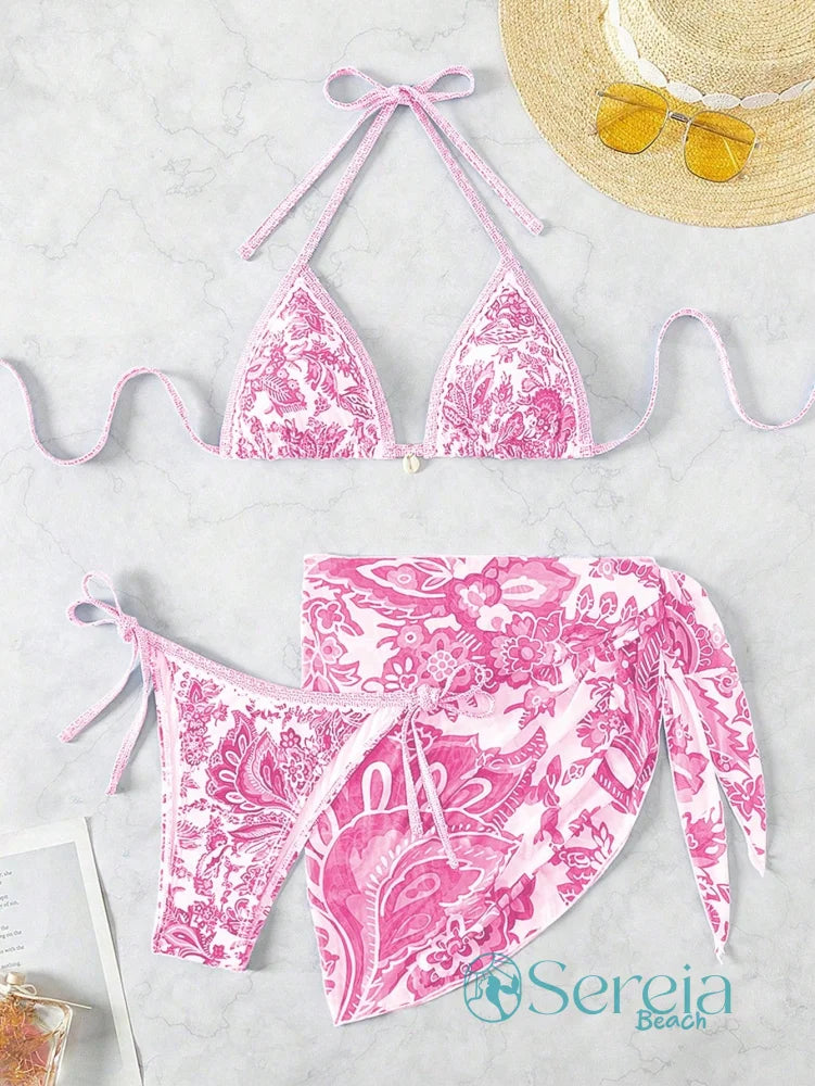 Conjunto de Biquíni com Estampa Azul e Saia Pareô Rosa / P Conjunto de Biquíni com Estampa Azul e Saia Pareô