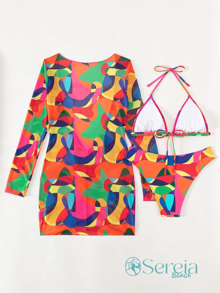 Conjunto de Biquíni com Estampa Colorida e Manga Longa Conjunto de Biquíni com Estampa Colorida e Manga Longa