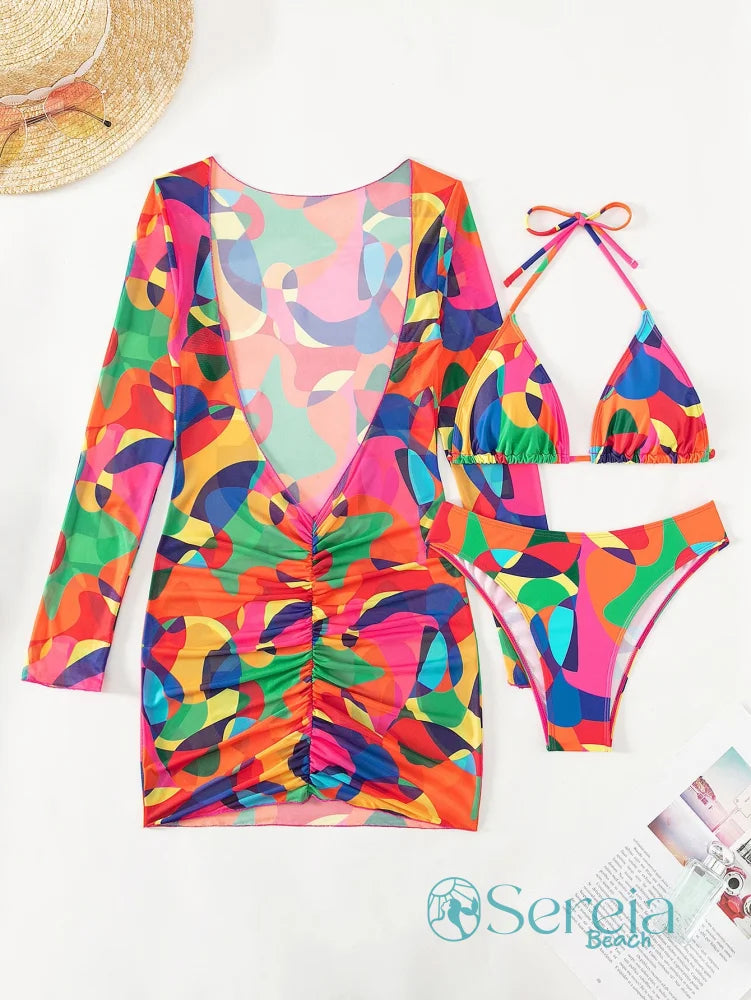 Conjunto de Biquíni com Estampa Colorida e Manga Longa Conjunto de Biquíni com Estampa Colorida e Manga Longa