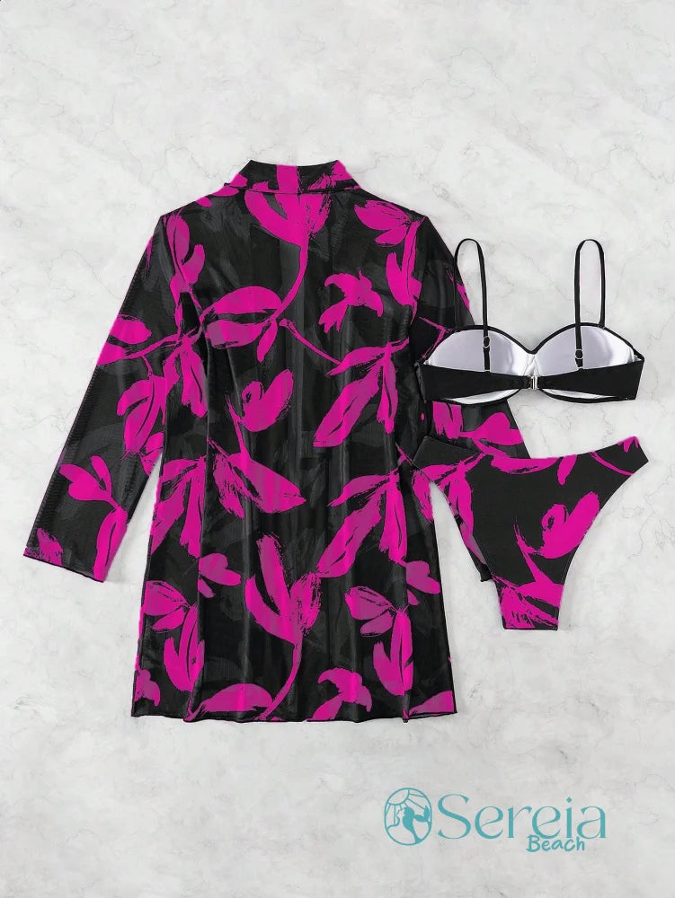 Conjunto de Biquíni com Estampa Floral e Kimono Transparente Conjunto de Biquíni com Estampa Floral e Kimono