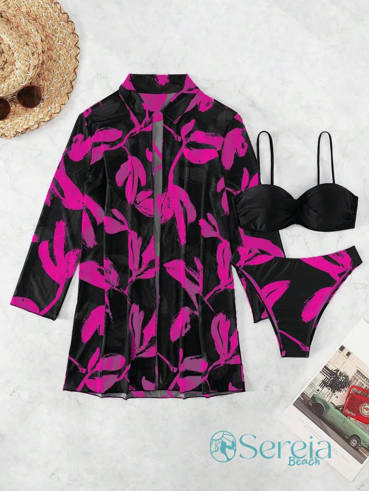 Conjunto de Biquíni com Estampa Floral e Kimono Transparente Conjunto de Biquíni com Estampa Floral e Kimono