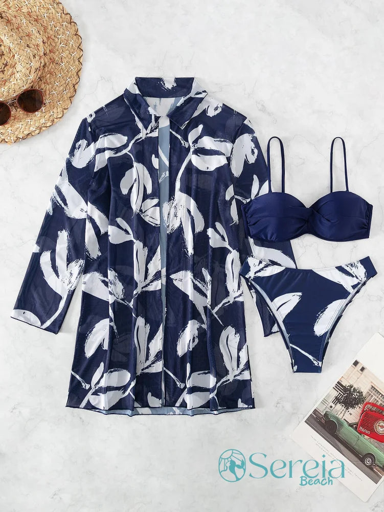 Conjunto de Biquíni com Estampa Floral e Kimono Transparente Conjunto de Biquíni com Estampa Floral e Kimono