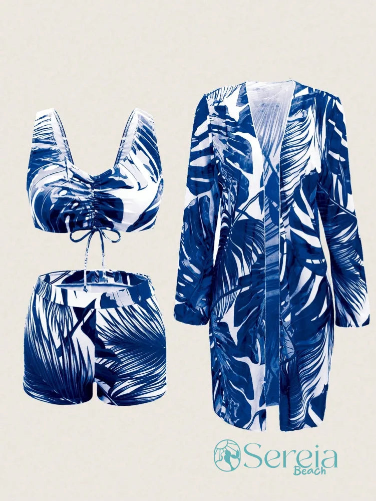 Conjunto de Biquíni com Estampa Tropical e Kimono Longo Conjunto de Biquíni com Estampa Tropical e Kimono Longo