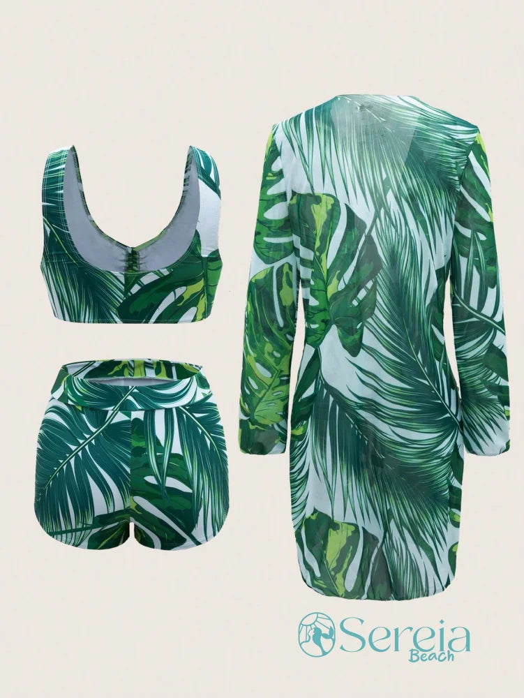 Conjunto de Biquíni com Estampa Tropical e Kimono Longo Conjunto de Biquíni com Estampa Tropical e Kimono Longo
