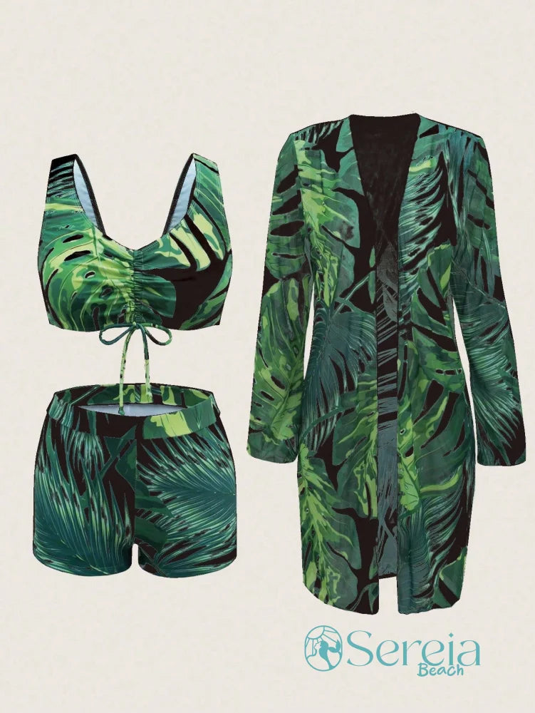 Conjunto de Biquíni com Estampa Tropical e Kimono Longo Conjunto de Biquíni com Estampa Tropical e Kimono Longo