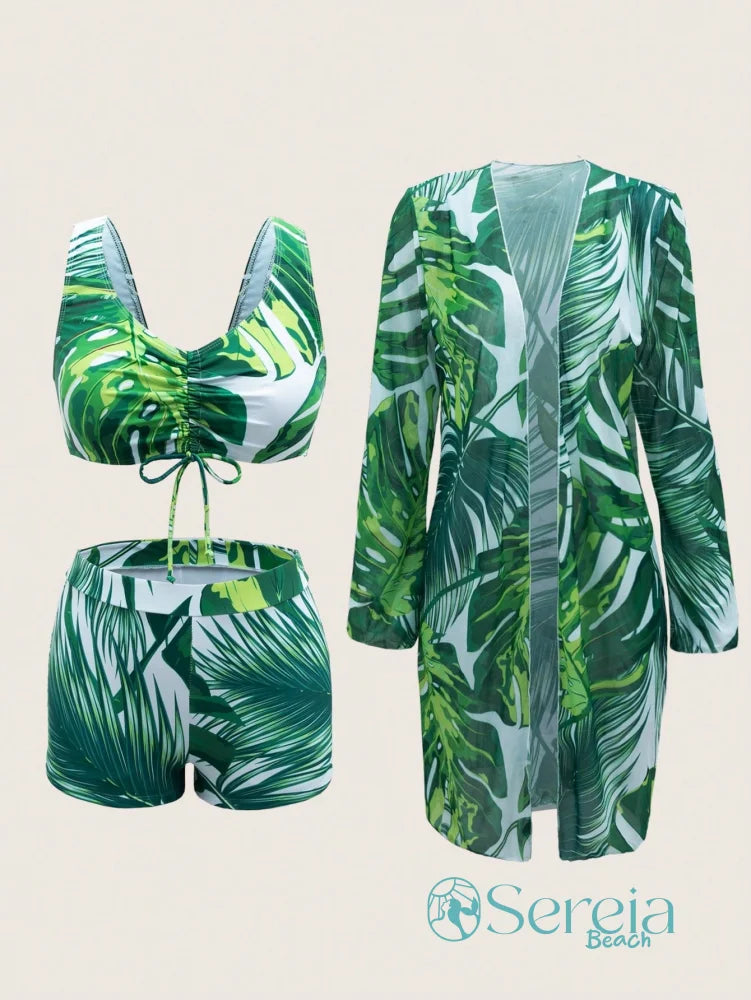 Conjunto de Biquíni com Estampa Tropical e Kimono Longo Conjunto de Biquíni com Estampa Tropical e Kimono Longo