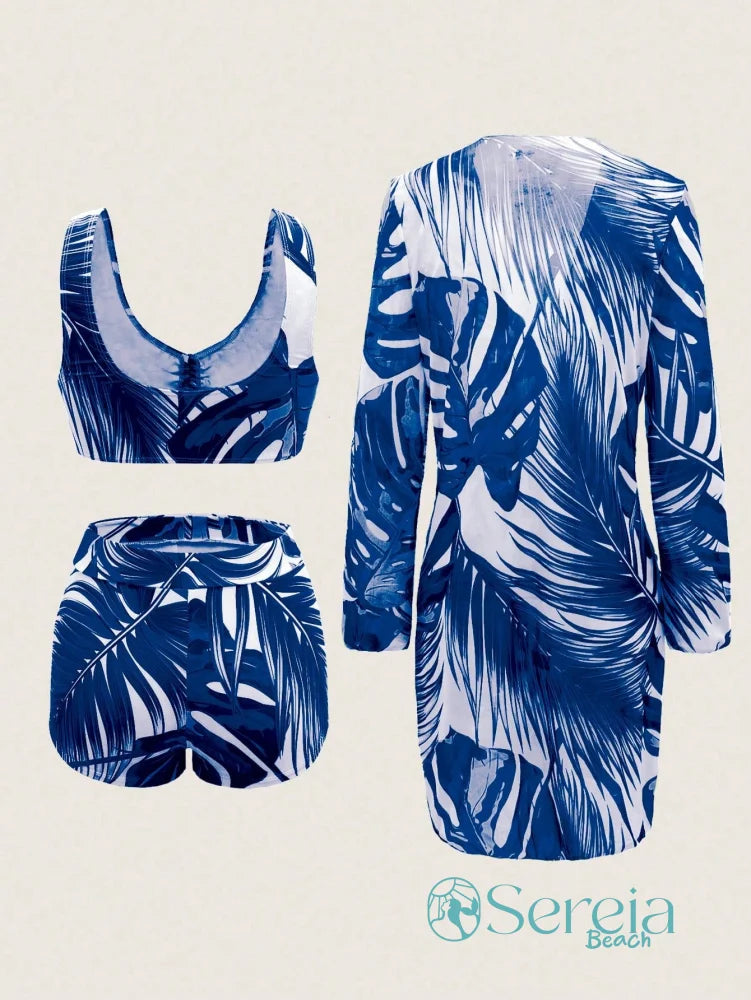 Conjunto de Biquíni com Estampa Tropical e Kimono Longo Conjunto de Biquíni com Estampa Tropical e Kimono Longo
