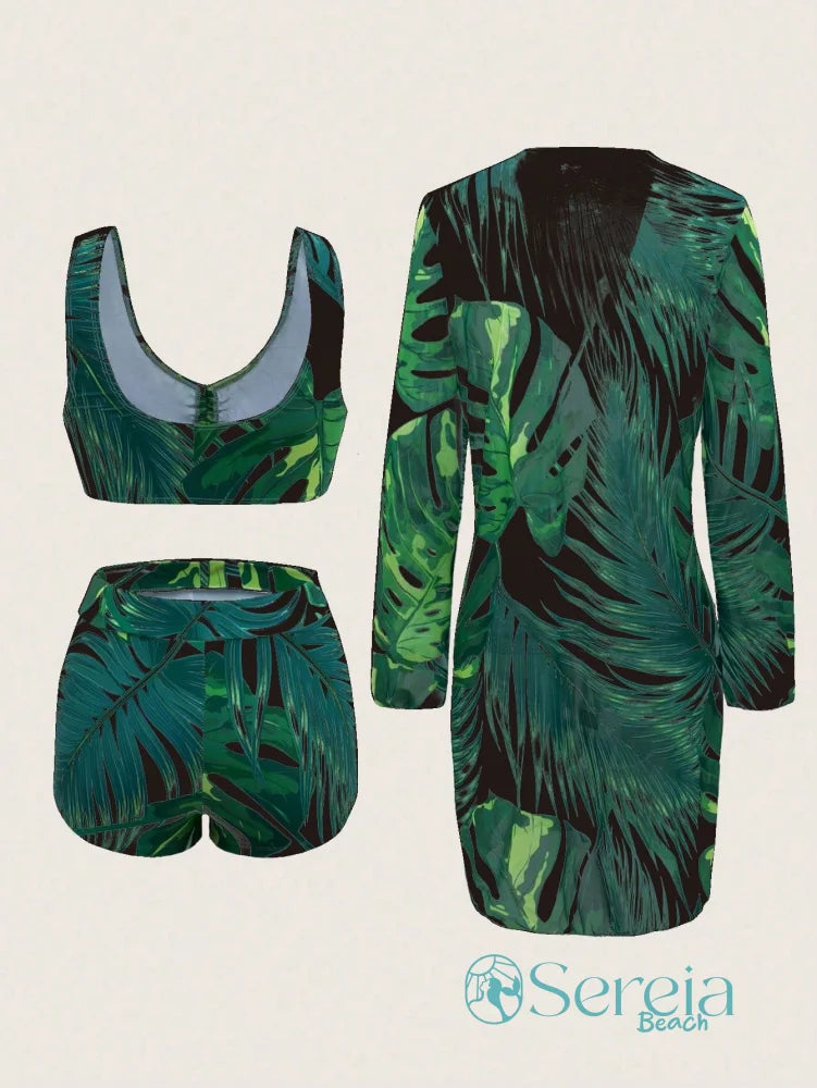 Conjunto de Biquíni com Estampa Tropical e Kimono Longo Conjunto de Biquíni com Estampa Tropical e Kimono Longo