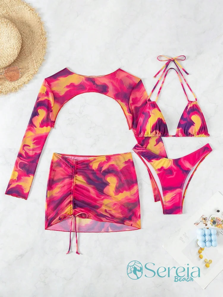 Conjunto de Biquíni com Manga Longa e Saia Ajustável Conjunto de Biquíni com Manga Longa e Saia Ajustável