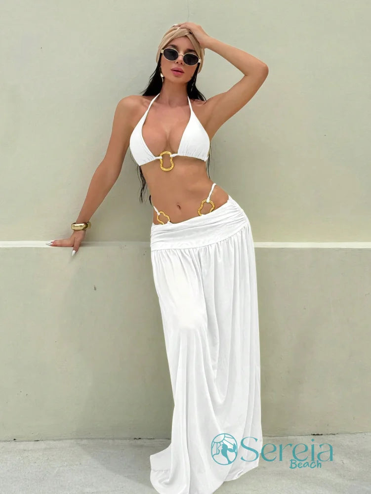 Conjunto de Biquíni com Saia Longa e Argolas Branco / P Conjunto de Biquíni com Saia Longa e Argolas