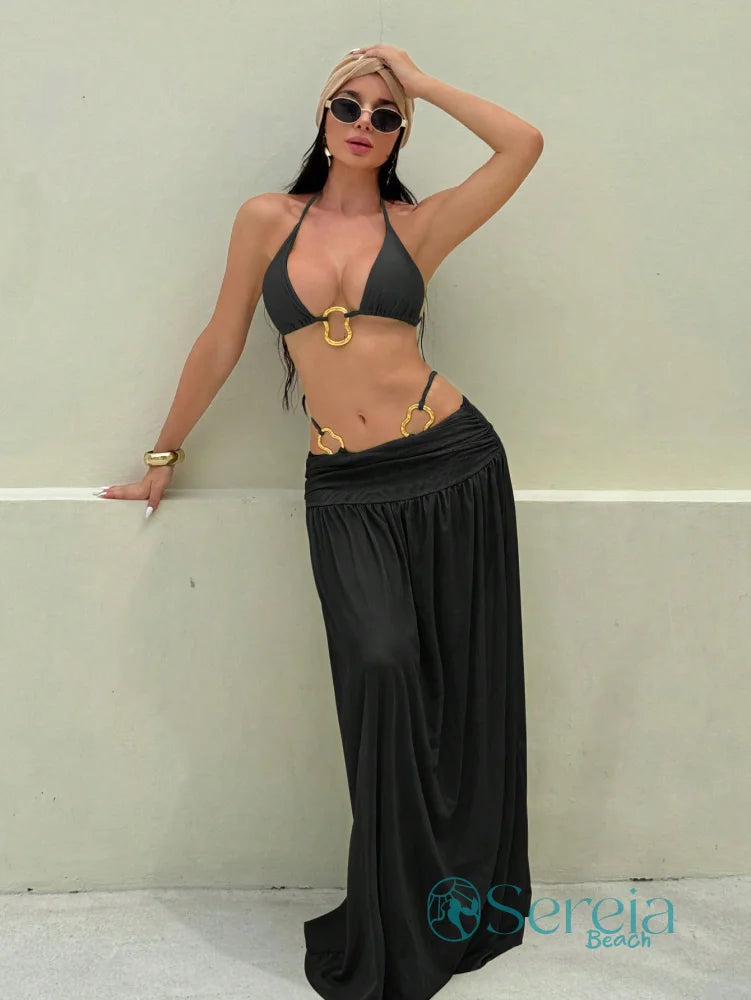 Conjunto de Biquíni com Saia Longa e Argolas Preto / P Conjunto de Biquíni com Saia Longa e Argolas