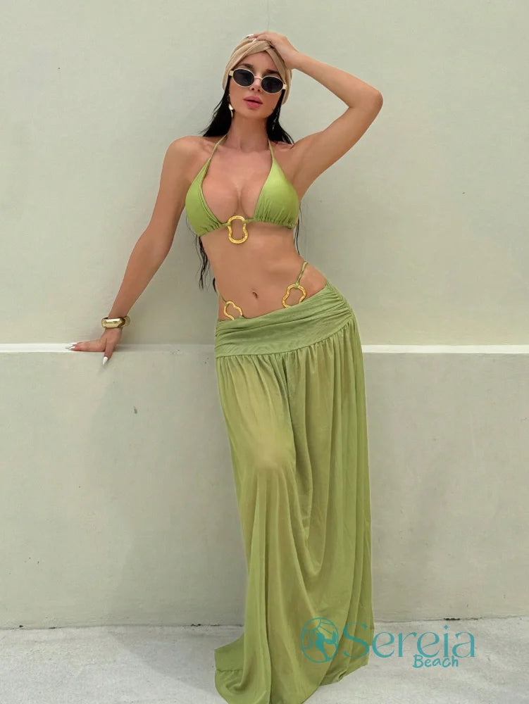 Conjunto de Biquíni com Saia Longa e Argolas Verde / P Conjunto de Biquíni com Saia Longa e Argolas