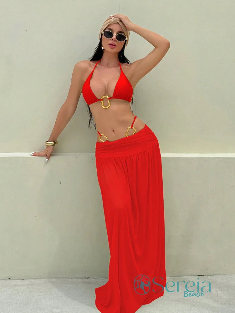 Conjunto de Biquíni com Saia Longa e Argolas Vermelho / P Conjunto de Biquíni com Saia Longa e Argolas