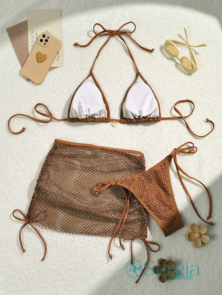 Conjunto de Biquíni Crochê com Saia e Detalhes Naturais Conjunto de Biquíni Crochê com Saia e Detalhes Naturais