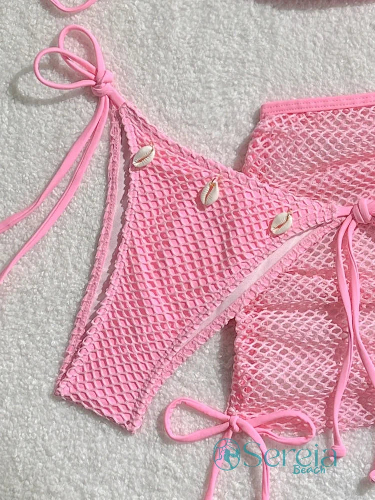 Conjunto de Biquíni Crochê com Saia e Detalhes Naturais Conjunto de Biquíni Crochê com Saia e Detalhes Naturais