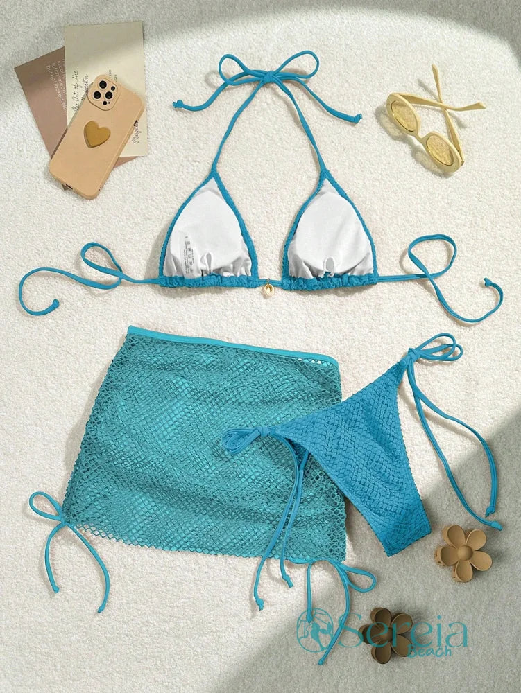 Conjunto de Biquíni Crochê com Saia e Detalhes Naturais Conjunto de Biquíni Crochê com Saia e Detalhes Naturais