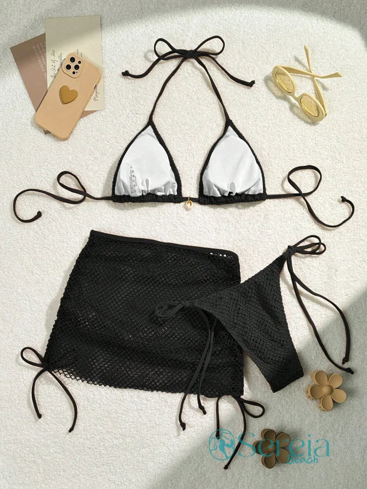 Conjunto de Biquíni Crochê com Saia e Detalhes Naturais Conjunto de Biquíni Crochê com Saia e Detalhes Naturais