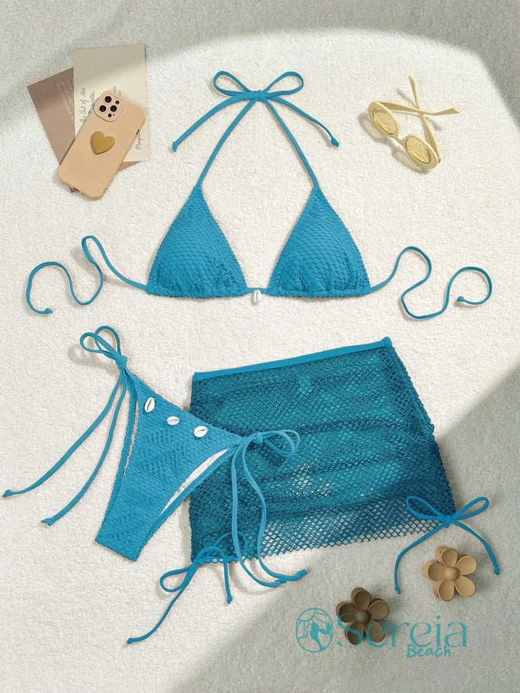 Conjunto de Biquíni Crochê com Saia e Detalhes Naturais Azul / P Conjunto de Biquíni Crochê com Saia e Detalhes Naturais