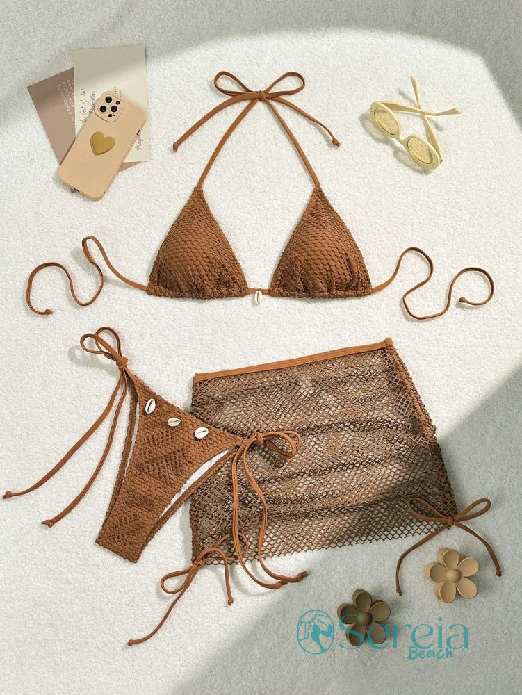Conjunto de Biquíni Crochê com Saia e Detalhes Naturais Café / P Conjunto de Biquíni Crochê com Saia e Detalhes Naturais