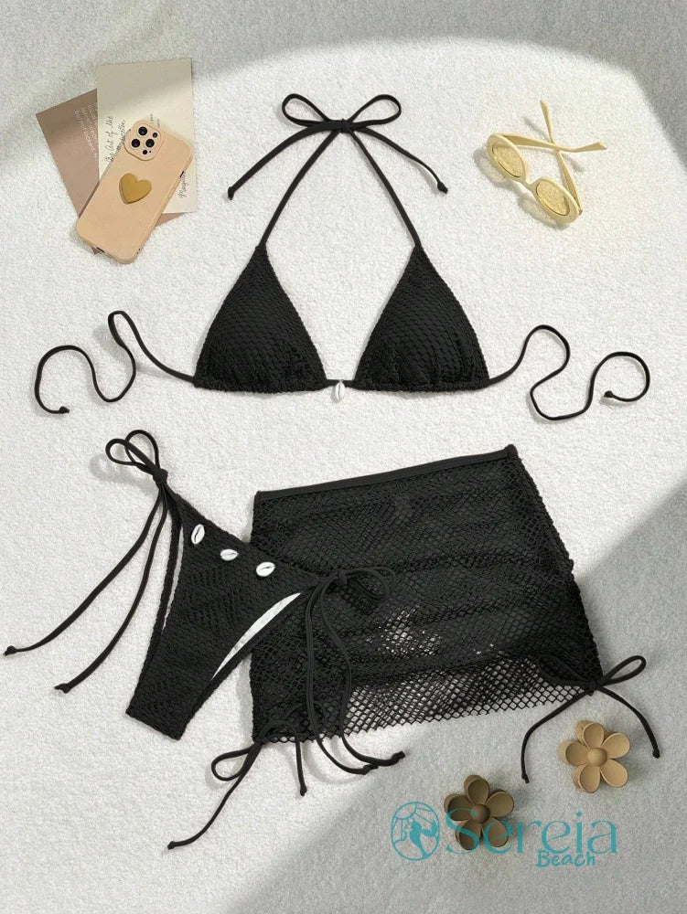 Conjunto de Biquíni Crochê com Saia e Detalhes Naturais Preto / P Conjunto de Biquíni Crochê com Saia e Detalhes