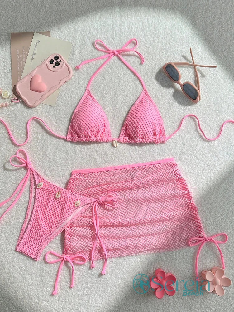 Conjunto de Biquíni Crochê com Saia e Detalhes Naturais Rosa / P Conjunto de Biquíni Crochê com Saia e Detalhes Naturais