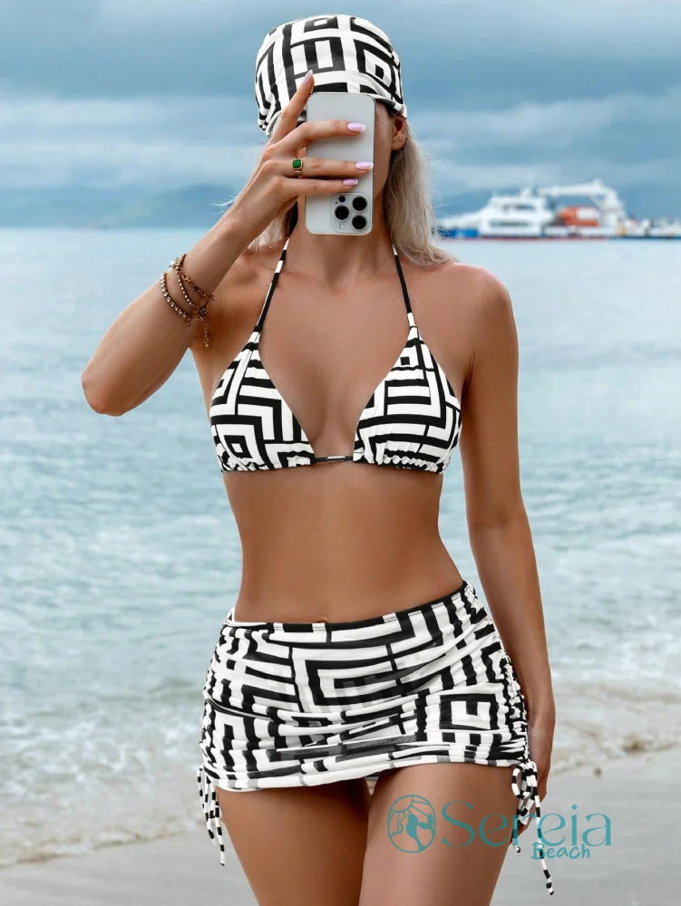 Conjunto de Biquíni Estampado com Saia Ajustável Branco / P Conjunto de Biquíni Estampado com Saia Ajustável