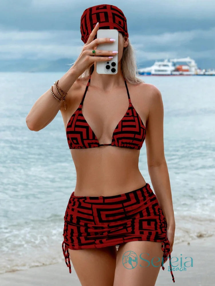 Conjunto de Biquíni Estampado com Saia Ajustável Vermelho / P Conjunto de Biquíni Estampado com Saia Ajustável