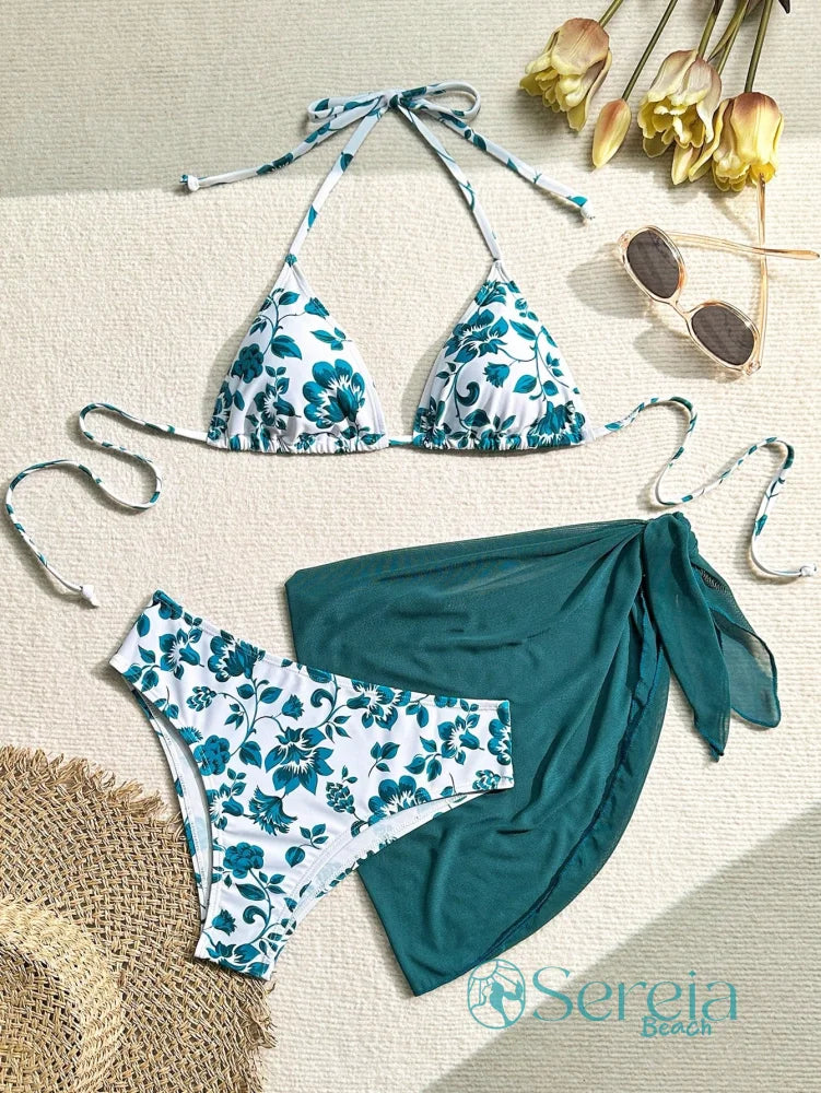 Conjunto de Biquíni Floral com Canga Assimétrica Azul petróleo / P Conjunto de Biquíni Floral com Canga Assimétrica