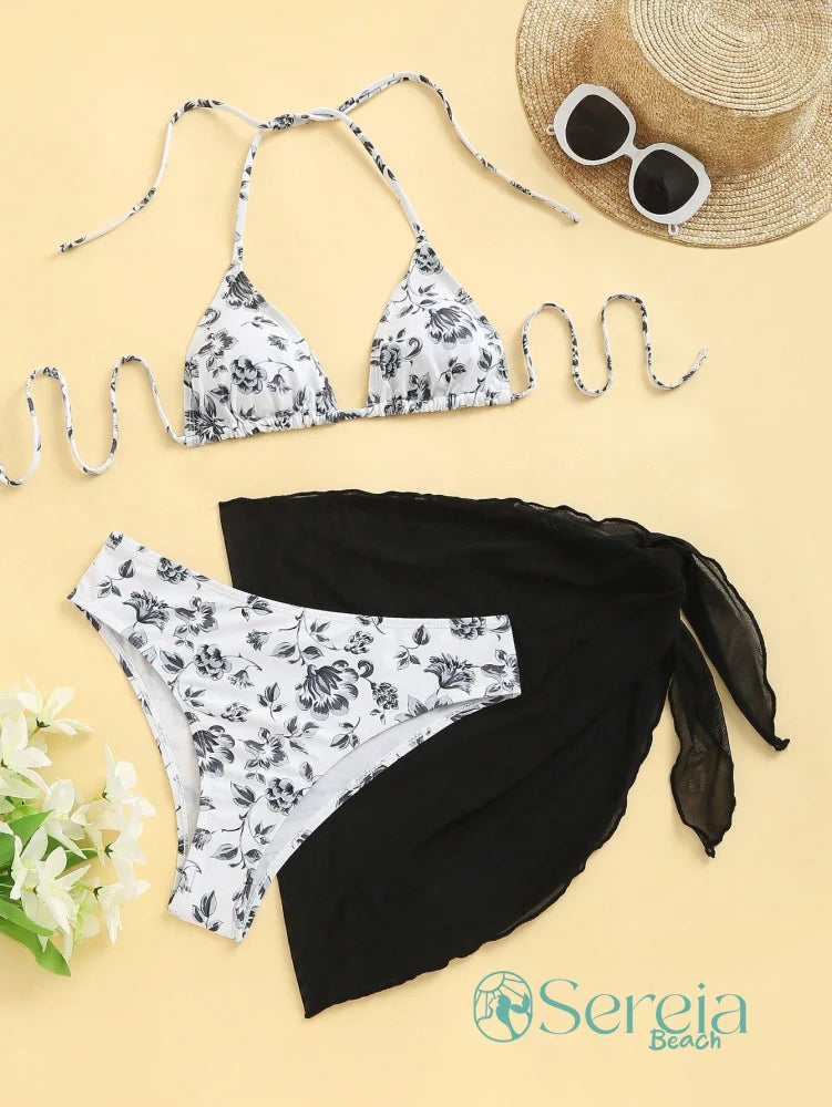 Conjunto de Biquíni Floral com Canga Assimétrica Preto e Branco / P Conjunto de Biquíni Floral com Canga Assimétrica