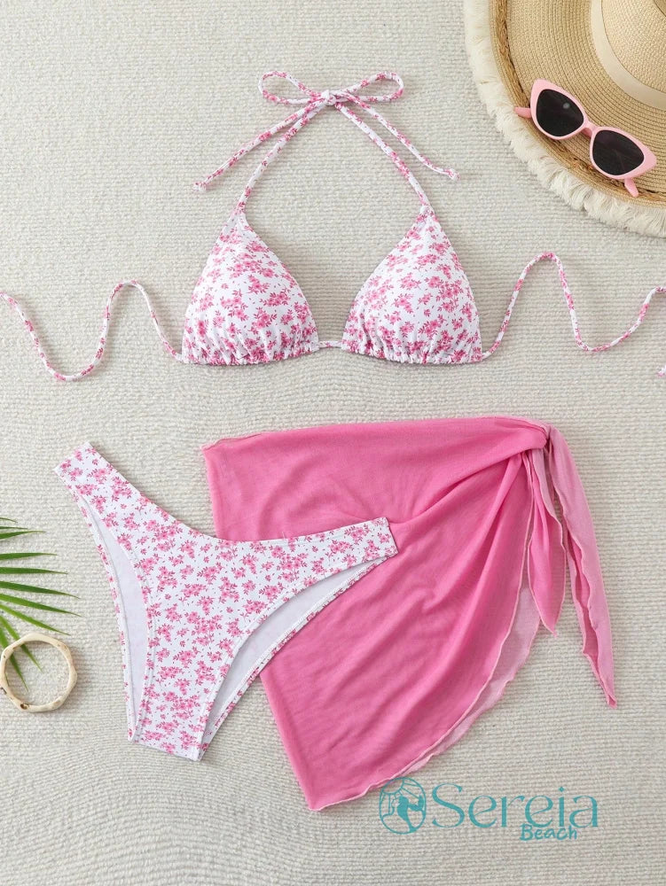 Conjunto de Biquíni Floral com Canga Assimétrica Rosa chiclete / P Conjunto de Biquíni Floral com Canga Assimétrica